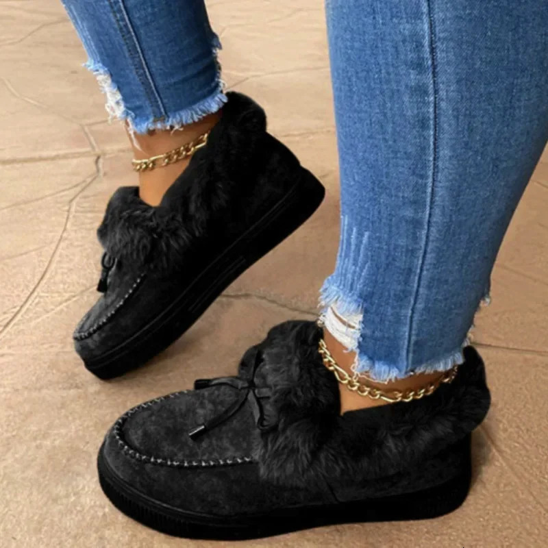 Solid color fur womens Feetwear winter cotton shoes plush warm snow boots casual flat short 241206