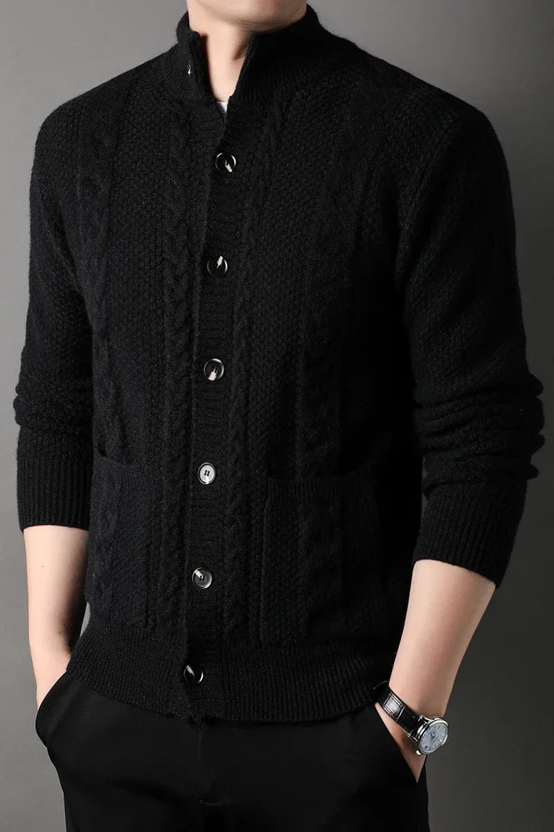Mens diamond plain weave thick wool warm and fashionable long sleeved casual cardigan knitted sweater for men 241206