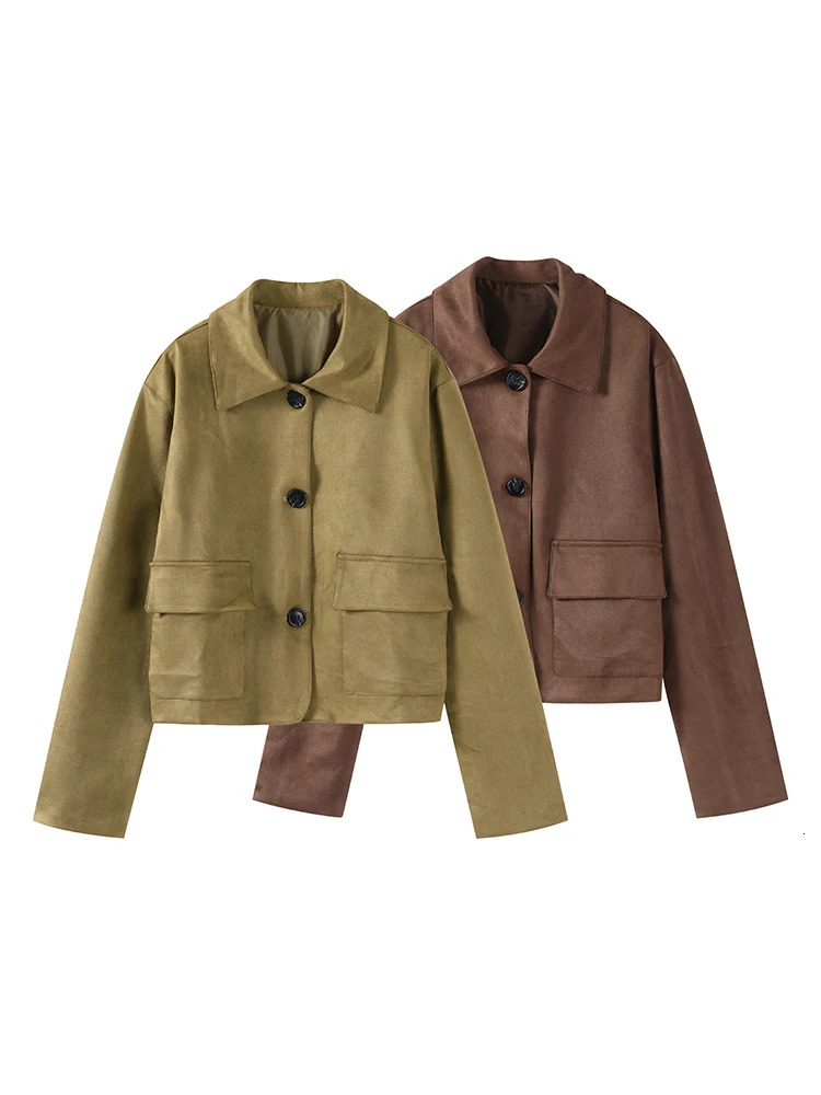 Retro Suede Jacket Elegant Single Breasted Lapel Brown Coats Female 2024 Autumn Winter Fashion Soft Pocket Outwears Lady 241205