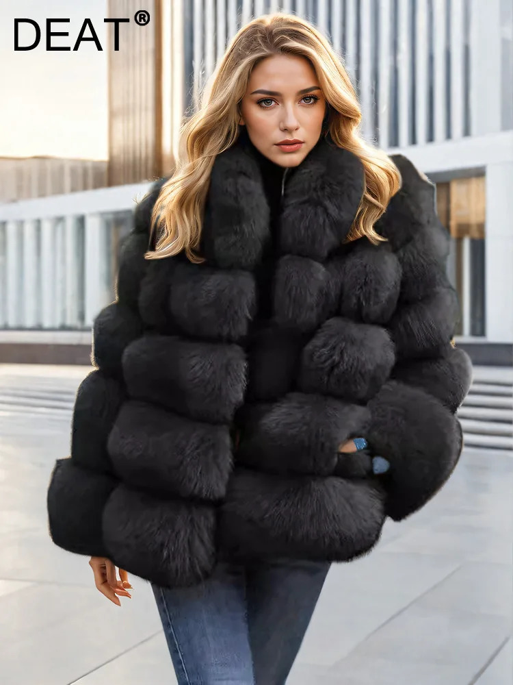 DEAT Fashion Womens faux fur coat with loose collar long sleeved patch jacket thick rabbit fur leather jacket winter 7AB6101 241202