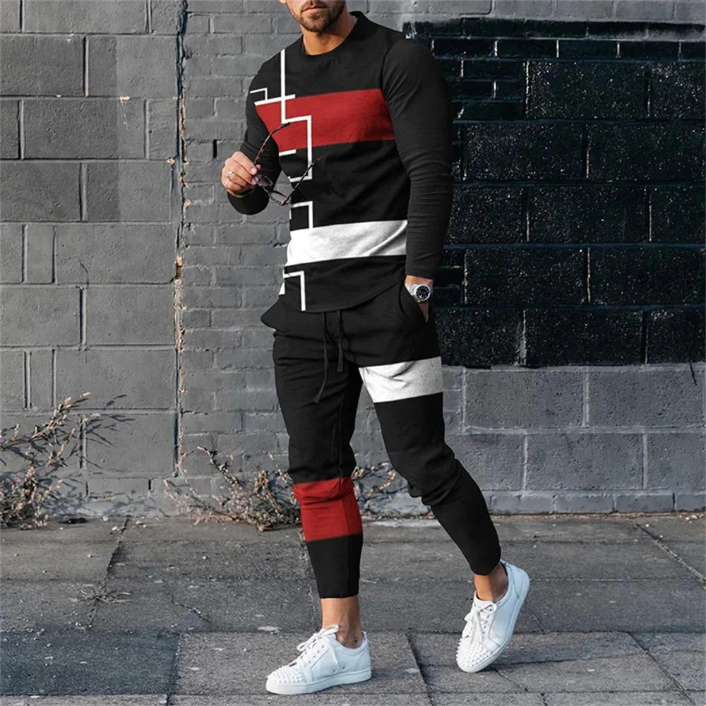 Mens casual 2-piece long sleeved T-shirtlong sleeved sports pants set fashionable top T-shirt 241205
