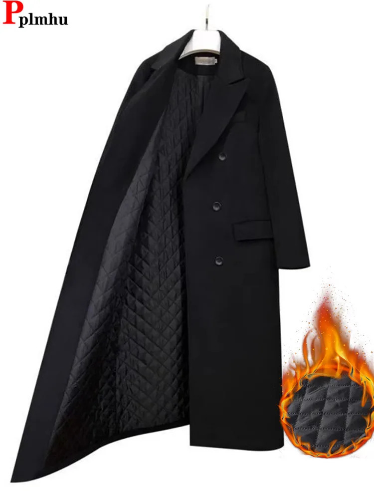 Black Lapel Long Wool Blend Coats Tops Korea Fashion Cotton Padded Lined Casual Chaquetas Elegant Loose Women Jackets Casaco 241202