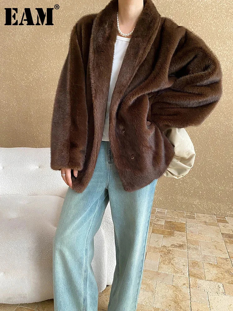 EAM faux fur coffee keeps warm pocket jacket V-neck long sleeved womens jacket fashionable trend winter 1DH7882 241202