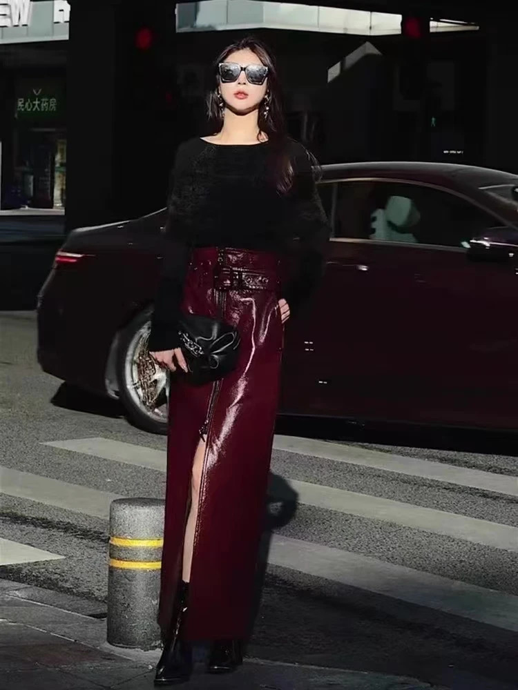High waisted solid color soft leather autumn and winter PU leather skirt with belt suitable for womens skiing Midi dress 241205