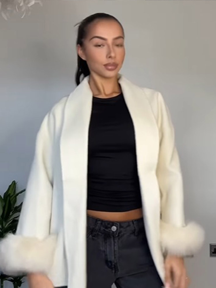 Elegant White Cuff Faux Fur Patchwork Woolen Coat With Belt Women Long Sleeve Lapel Jacket Winter New High Street Outwear