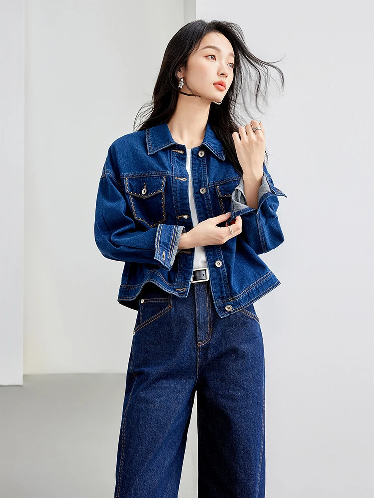 Autumn loose short denim jacket retro womens lapel pocket single chest fashionable casual 241206