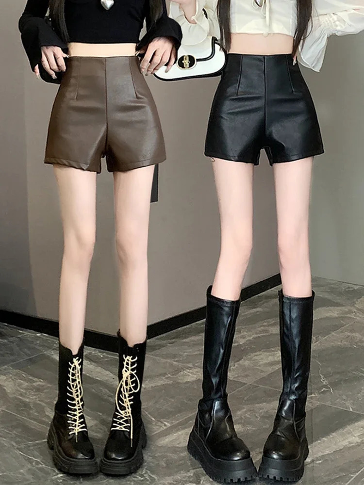 Womens autumn slim fit A-line shorts womens PU leather casual shorts womens high waisted solid shorts L532 241206