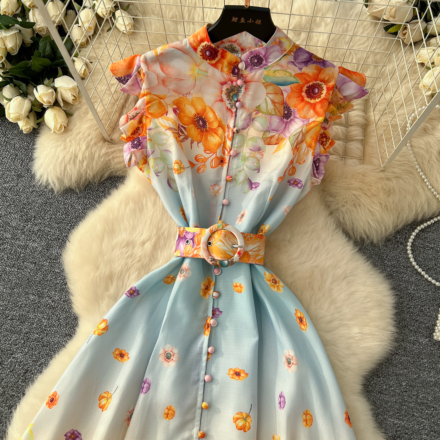 2025 Casual Dresses Summer Holiday Linen Gorgeous Flower Dress Women's Stand Flying Sleeve Floral Printing Single Breasted Belt Long Party Vestid