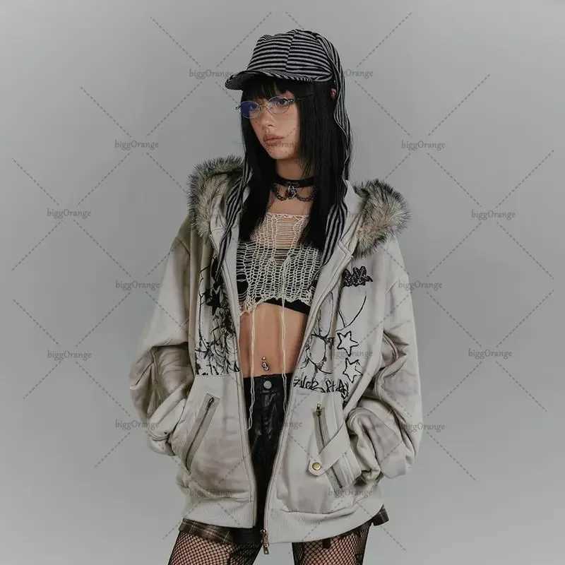 Gothic Dark Harajuku Fur Collar Clothing Personalized Rabbit Ears Hoodie European and American High Stripe Zipper Sweatshirt X241207