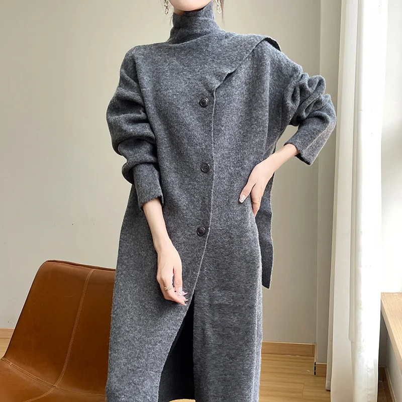 Autumn and Winter Womens Knit Coat Fashion Andy Velvet Comes with Shawl Stand Collar Loose AllMatching Sweater 241203