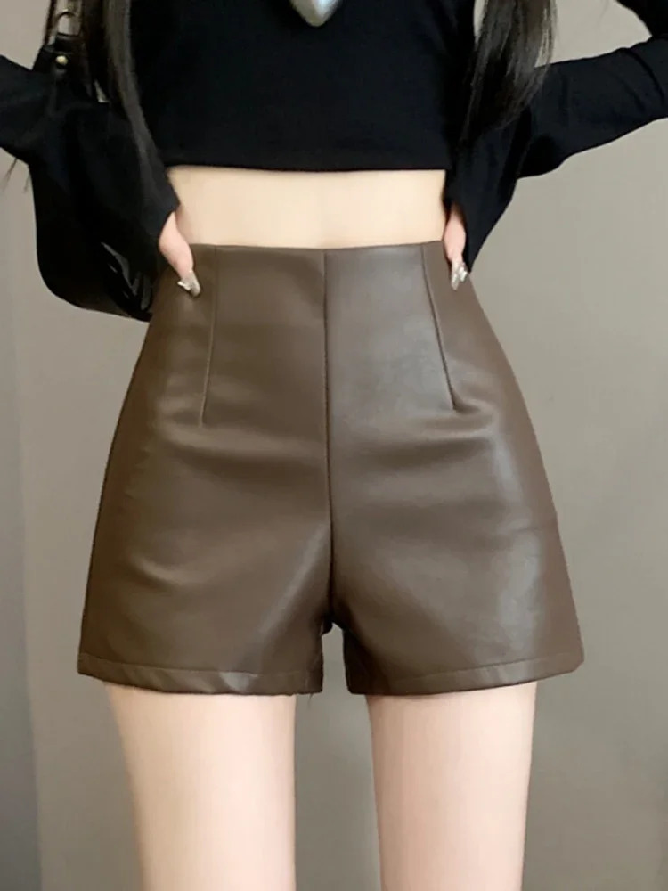 Womens autumn slim fit A-line shorts womens PU leather casual shorts womens high waisted solid shorts L532 241206
