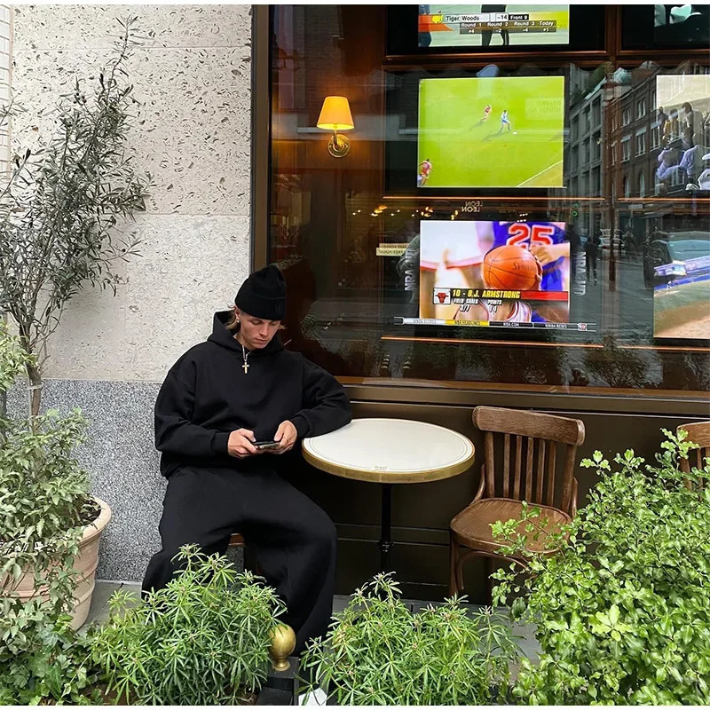 American retro simple sportswear mens fashion solid color pocket hoodie and loose elastic waist sports pants two-piece set 241205