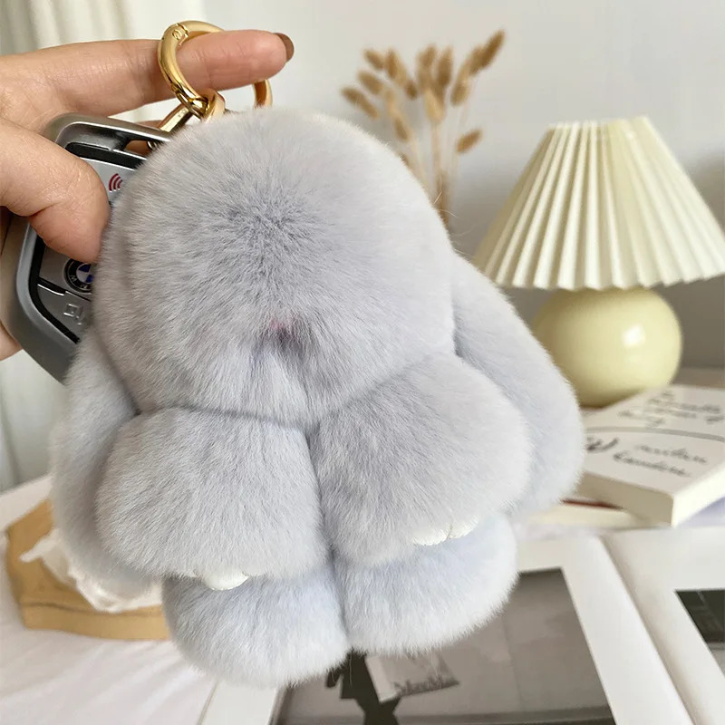 15cm Cute Fluffy Rabbit Keychain Real Rex Rabbit Fur Keychain Womens Bag Toy Fluffy Pom Cute Fluffy Pom Keychain 241206