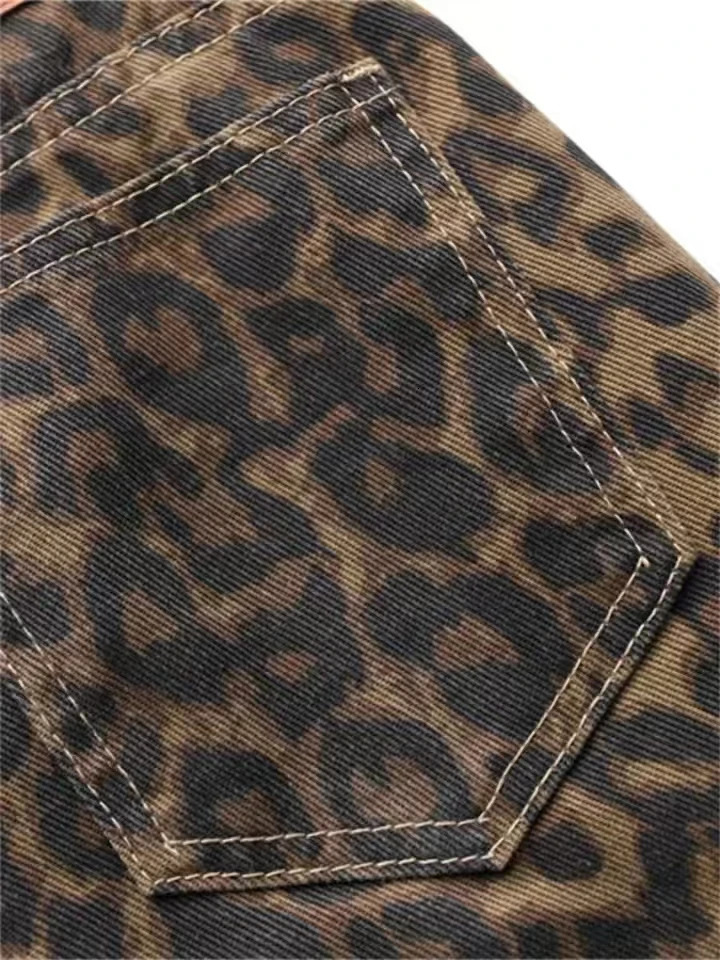 Tan Leopard Jean Denim Pants Female Oversize Wide Leg Trousers Streetwear Hip Hop Vintage Clothes Loose Casual 241203