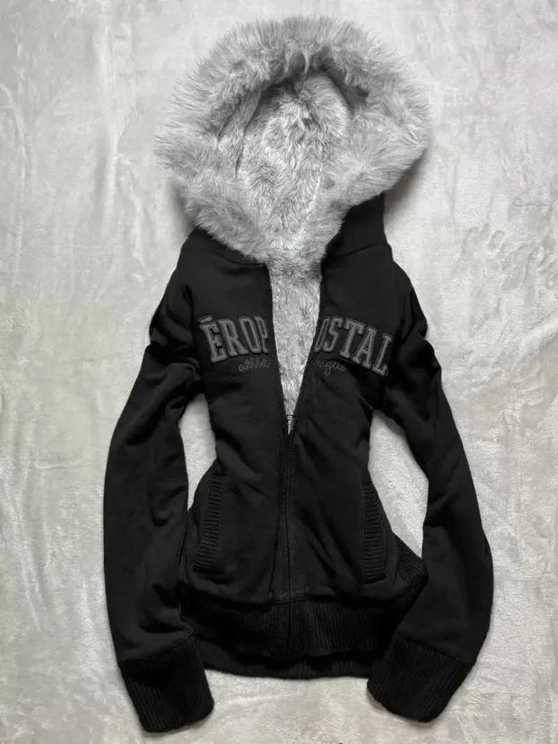 Vintage Strt Winter Coat Gothic Harajuku Trend Grey Thick Zipper Hoodie Womens Y2k Sportswear Slim Design Warm Jacket X241207