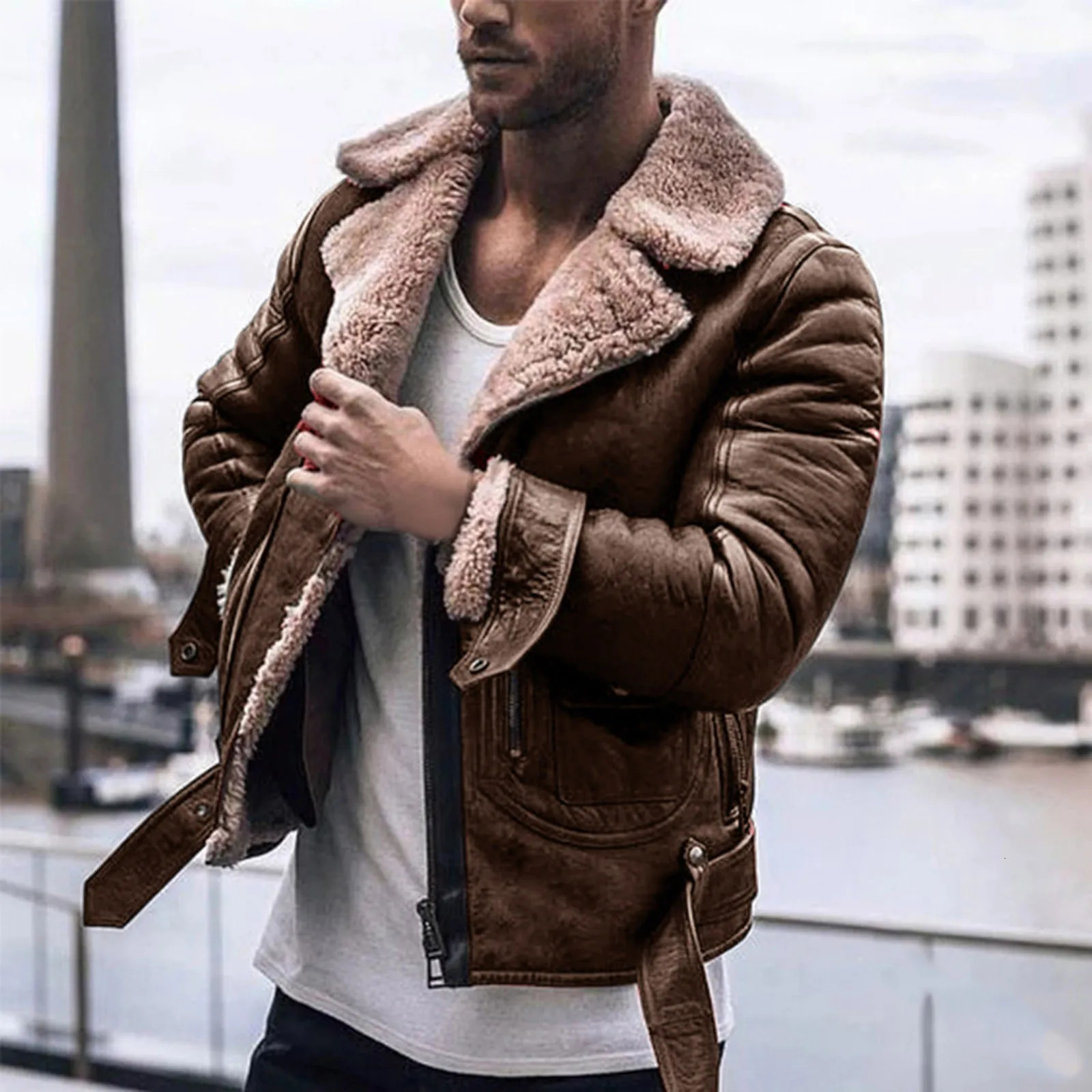 Autumn Winter Fashion Faux Fur Bomber Jacket Mens Thicken Motorcycle Zipper Doublesided Jackets Keep Warm Coats 241202