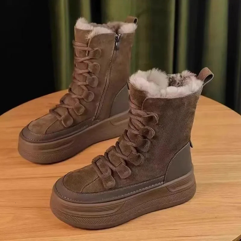 Winter Snow Womens Boots Platform Small Leg Boots Sewing Round Lace Flat Edge Zipper Womens Shoes 241205