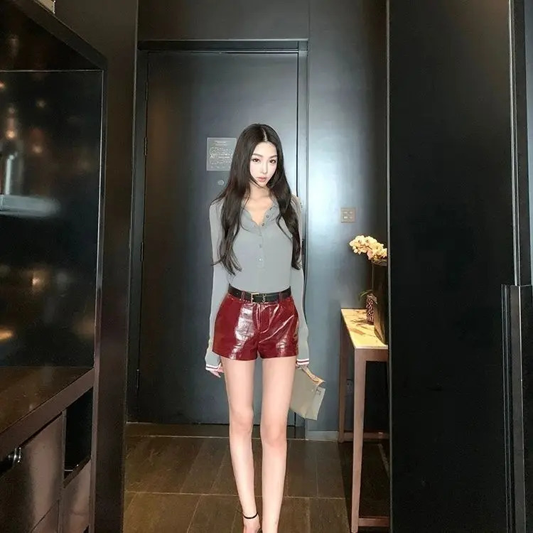 red leather womens autumn/winter casual streetwear low waist slim fit pants spicy boots shorts 241206