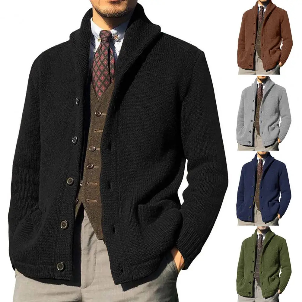 Fashionable leather touch cardigan thick and cold resistant mens autumn solid color button plaid knitted jacket 241206