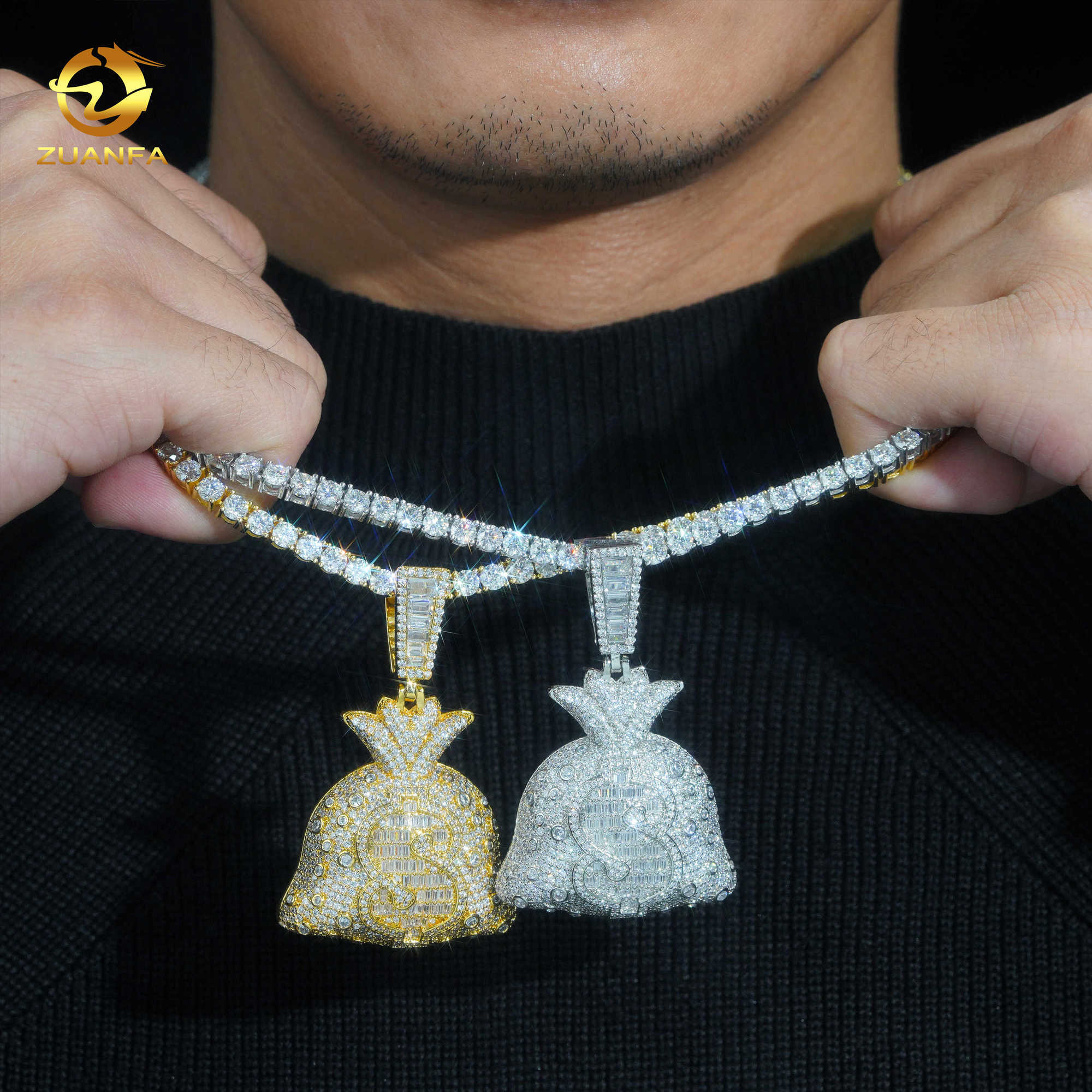 18k gold Plated Full Moissanite Diamond Hip Pop pendant D Vvs Moissanite Silver 925 Custom Dollar Money Bag ice out Pendant
