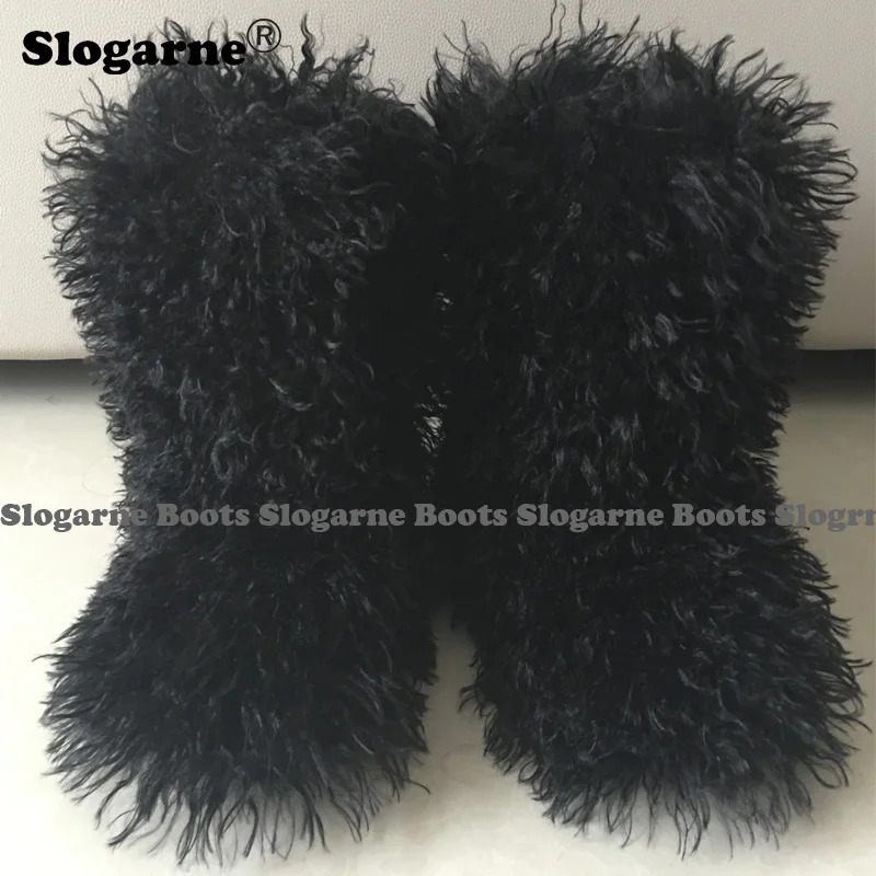 Winter boots fur leather shoes teddy snow fluffy and warm artificial wool plush fashionable Mongolian 241206