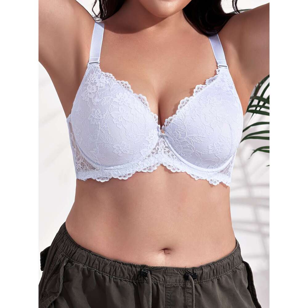Women's Elegant Bra, Plus Size Bow Decorative Flower Lace Fan Edge Push Up Steel Rim Bra-K0570D