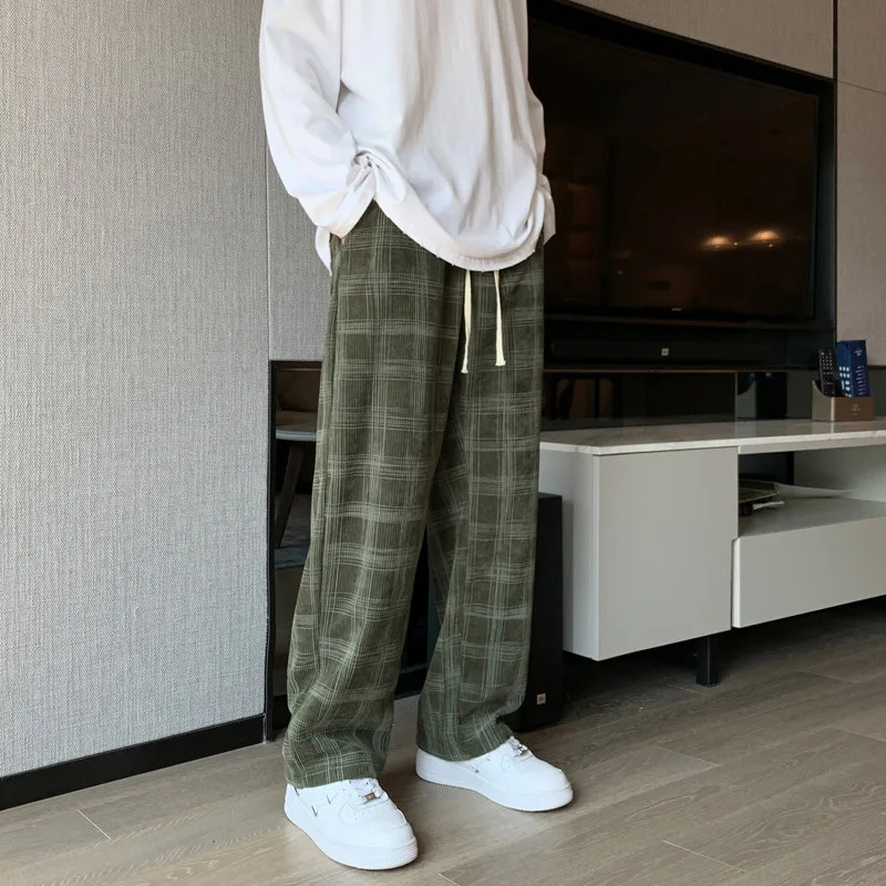 Mens checkered casual pants loose straight Corduroy sports mens fashionable streetwear 2023 spring hiphop Trouser 241206