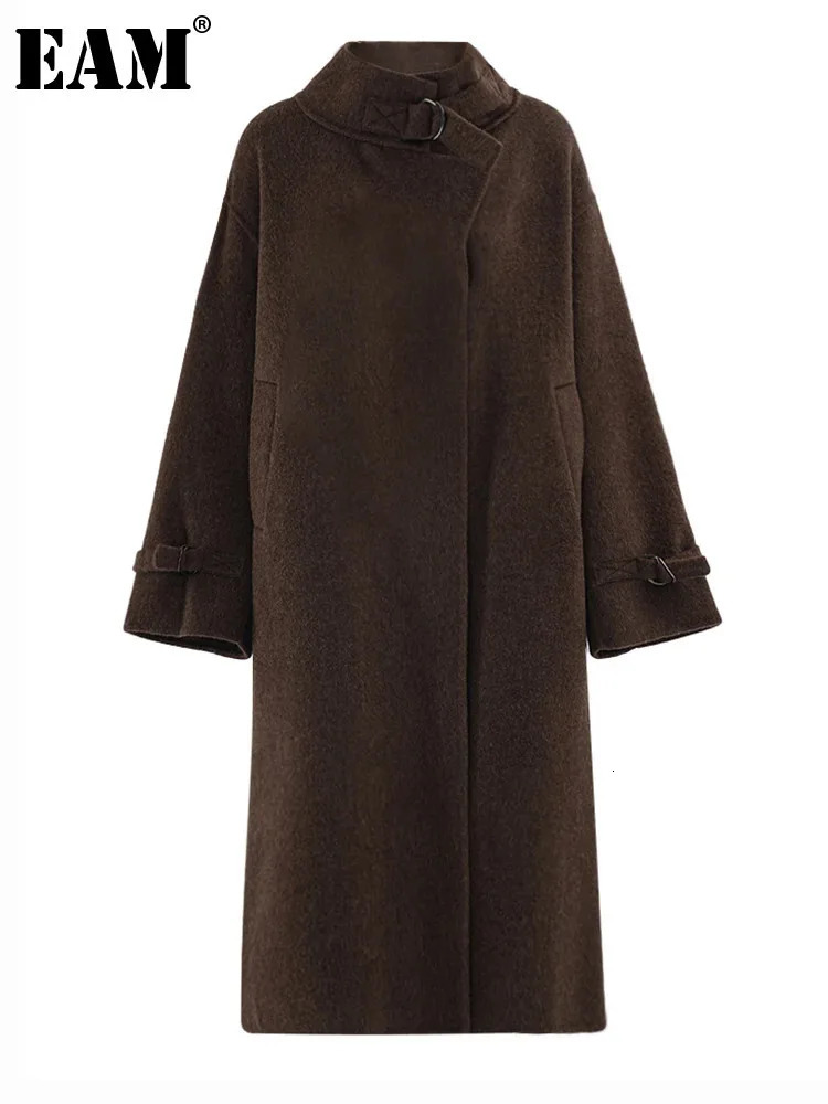 EAM Brown Large Thick Wool Coat Stand Collar Long Sleeve Womens Jacket Fashion Trend Winter CPG2349 241205