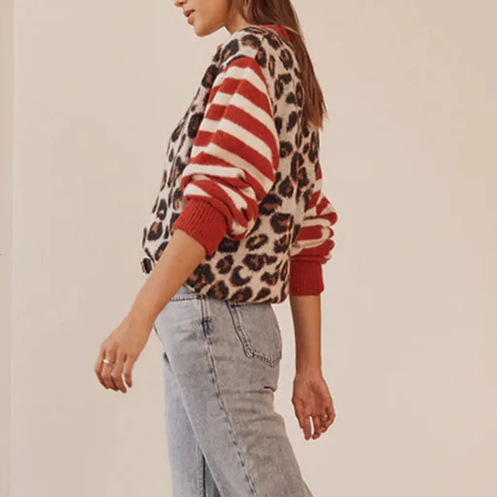 Combhasaki Womens Y2K Vintage Sweaters Aesthetic Striped Leopard Print Patchwork Buttondown Round Neck Loose Fit Knitwear Coat 241203