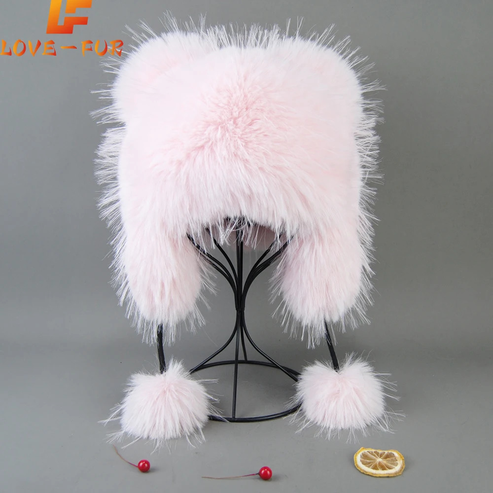 Fluffy Soviet hat fake raccoon fur hat winter octopus bomber earmuffs knitted ball fashionable flip cover Mongolian hat 241206