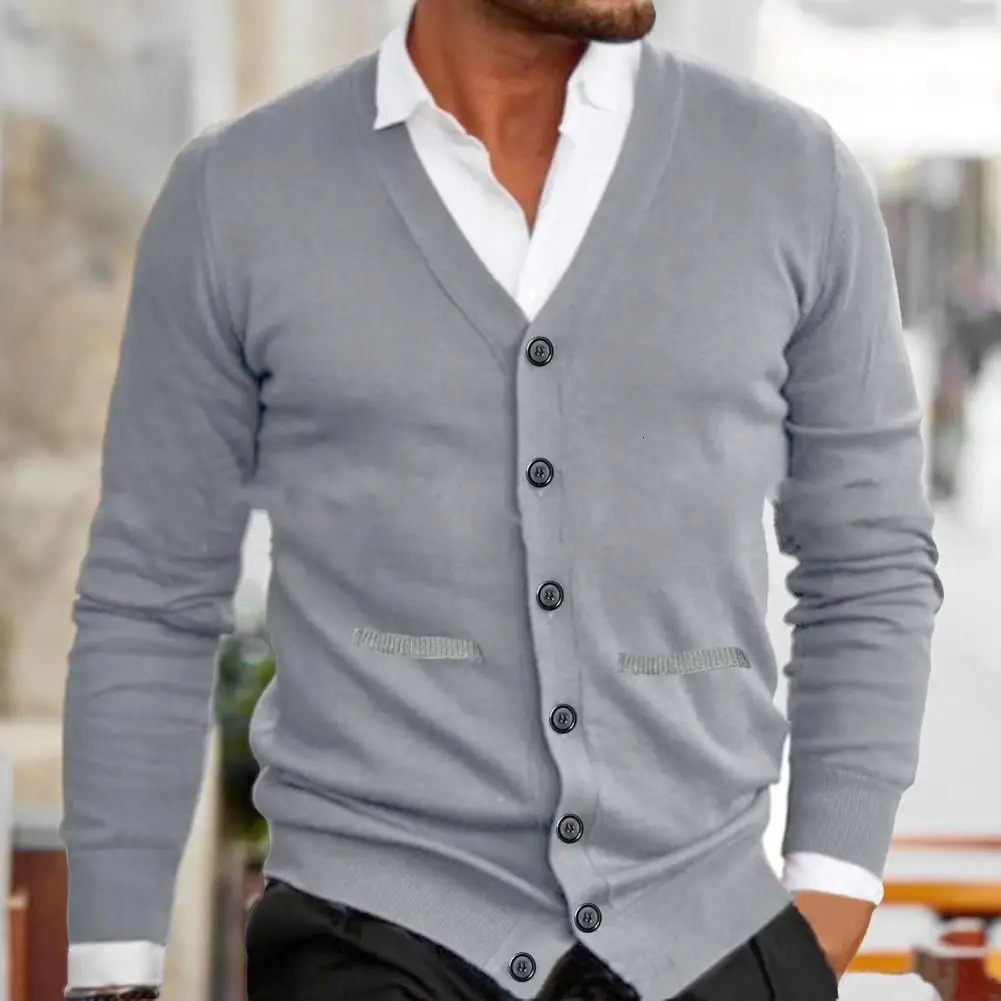 Autumn and Winter Mens Sweater Knitted Long Sleeve Single Chest Solid Color Open Collar 241206