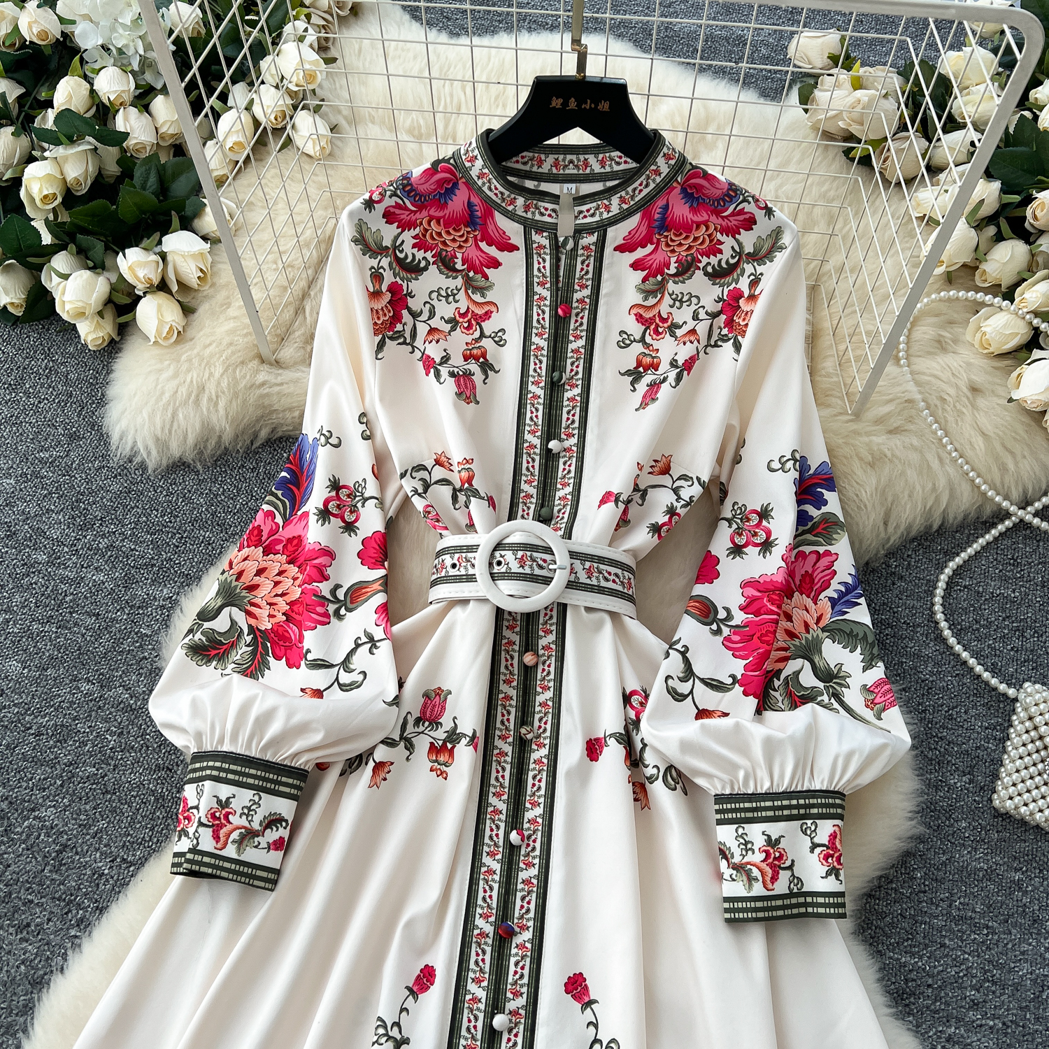 Casual Dresses 2025 Spring Vintage Flower Maxi Dress Women's Lantern Sleeve Stand Single-Breasted A-Line Floral Printed Belt Long Robe Vestidos