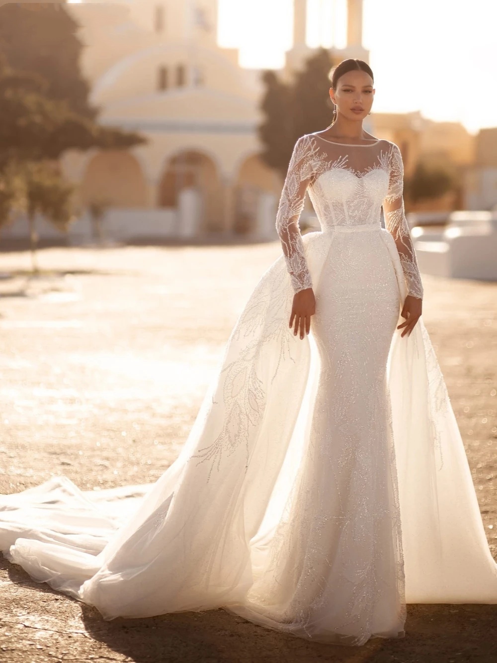 Modest Long Sleeve Wedding Dress Sparkly Sequins Beads Bride Robe Detachable Train Mermaid Bridal Gown Customized Vestidos De Novia