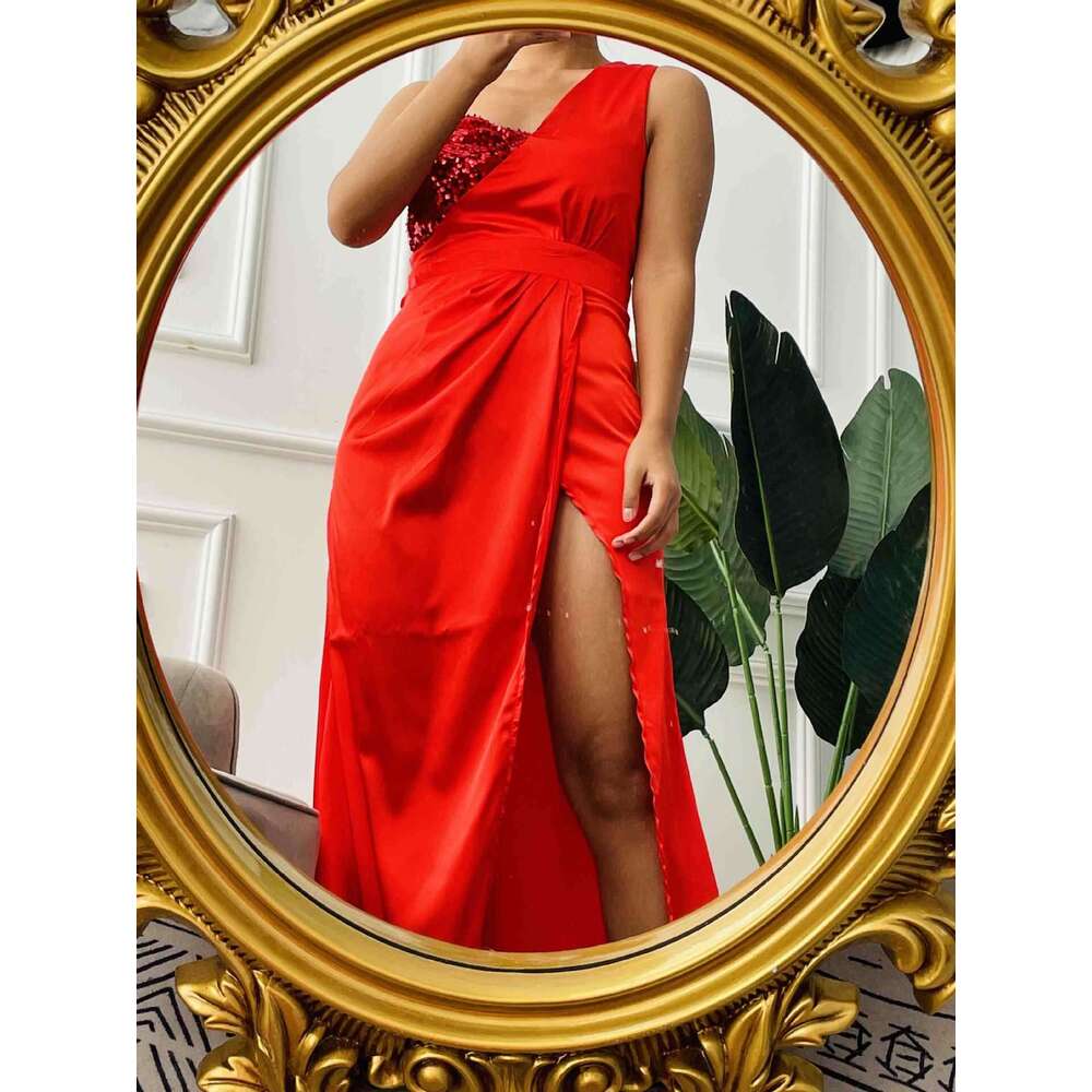 Autumn Spring and Summer Knee Over Elegant Red High Collar V-neck Adult Official Picture Chinese Evening Dress 2024 New Casual Versatile Fashion Cloth