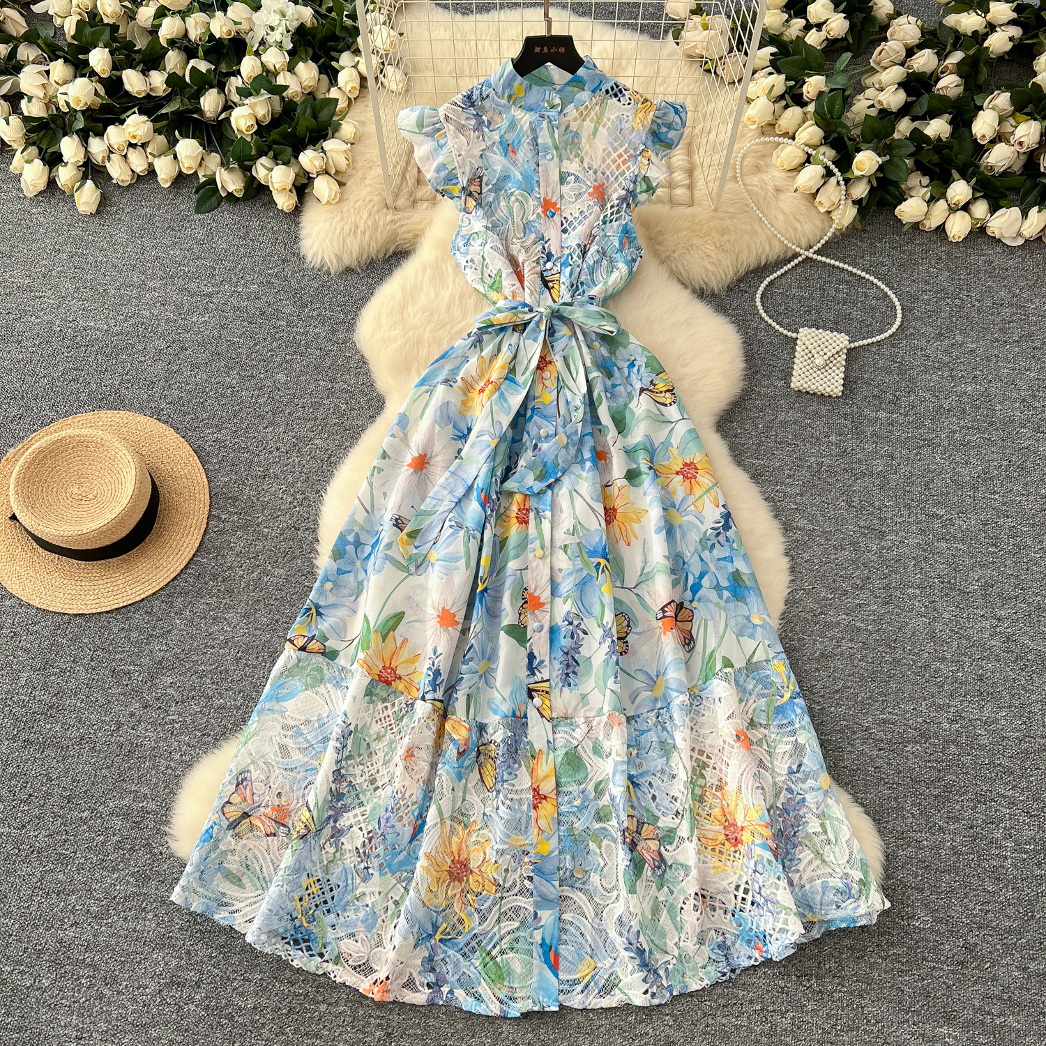Casual Dresses Women Summer Gorgeous Flower Embroidery Lace Spliced Wedding Dress Women Ruffles Sleeve Colorful Belt Long Robe Holiday Party Vestidos 