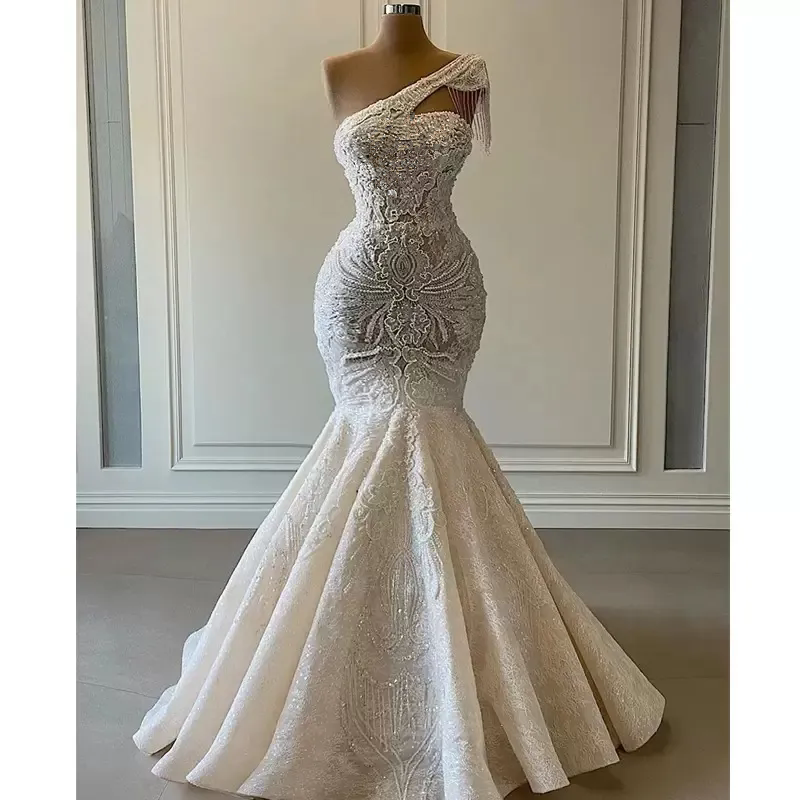 Lace Beaded Bridal Gowns One Shoulder Mermaid Wedding Dresses Crystal Beads Sequin Sweep Train Real Picture Robe De Mariee 0107