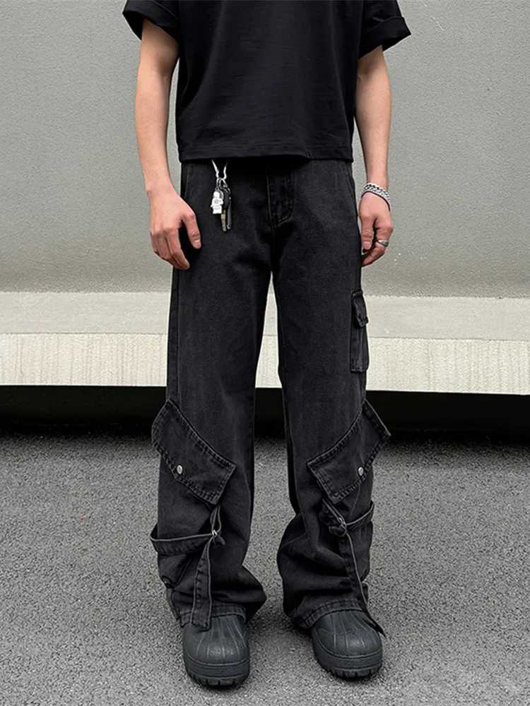 High Quality Cyber Y2K Streetwear Black Multi Pocket Jeans Mens Cargo Pants Designer Clothing Straight Trousers Pantalon Homme T241207