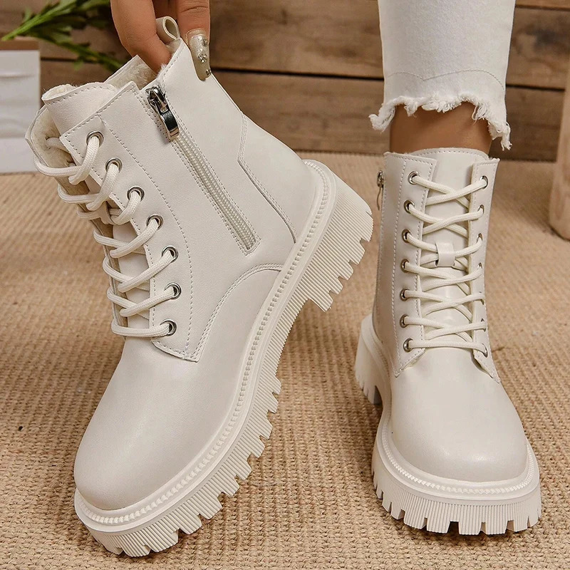 Winter Warm Short Plush Ankle Boots Fashion Zipper Lace Up Platform Combat Comfortable Low Pu Leather Botas Unprinted Good Product 241206