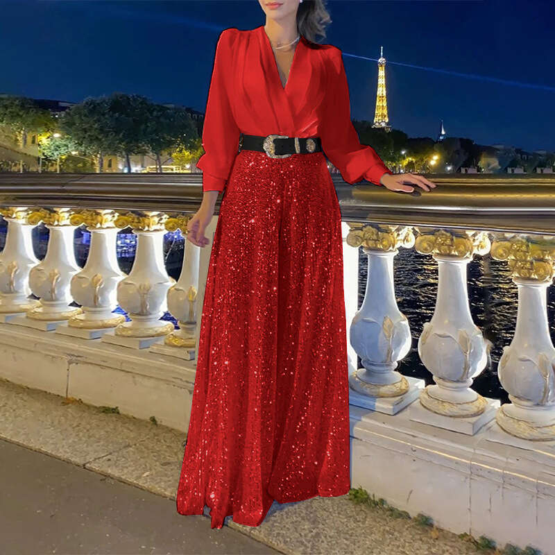 women's European American V-neck long sleeved shirt with elegant temperament, slim waist sequins, wide legs. 2024 new casual and versatile fashio