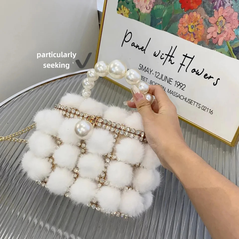 Metal pearl mink fur lining vegetable basket bucket bag glitter Winking plush birdcage handheld cross shaped bag 241206