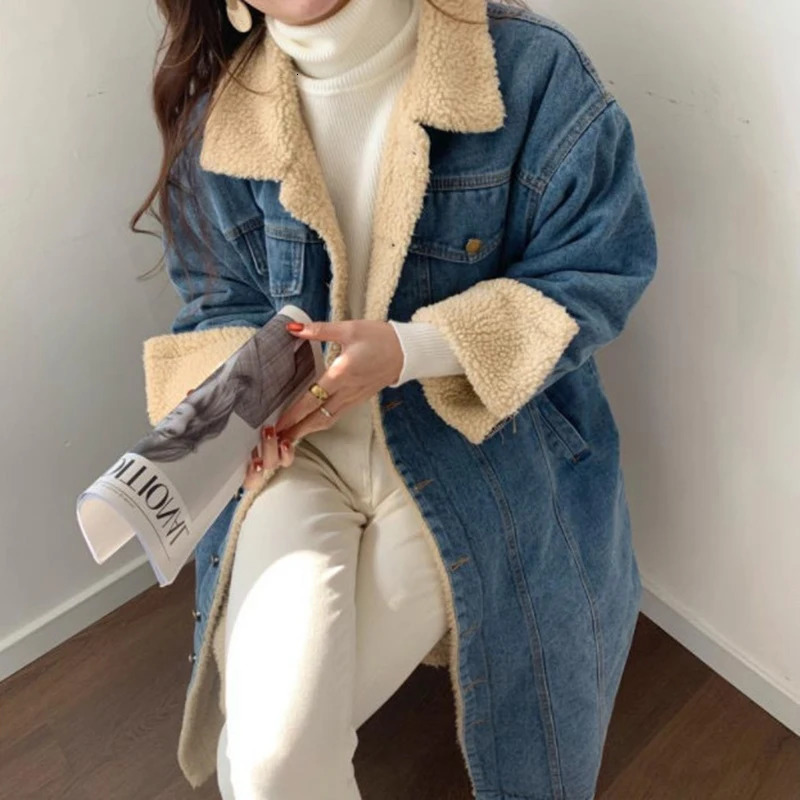 Lambwool lined medium length denim jacket autumn and winter collar retro streetwear casual Chaquetas top Korean womens Jaqueta 241206