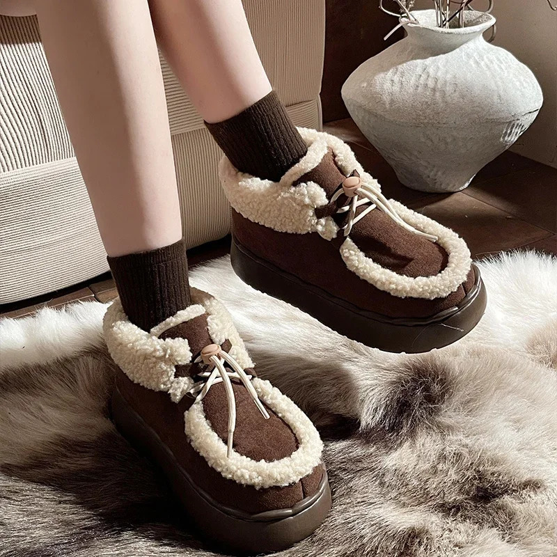 Womens thick soled winter cotton shoes casual warm and anti slip snow boots outdoor fashionable flat 241206