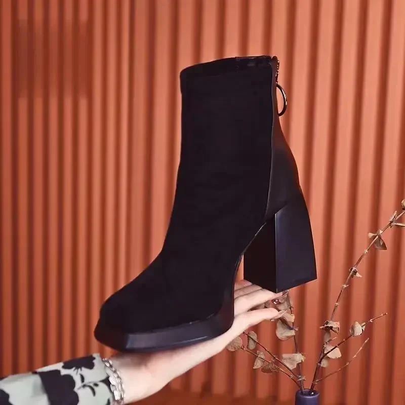 Platform Short Boots for Women Fashion Casual Square Toe Chunky Heels Ladies Shoes All-match Square Toe Boots 241206