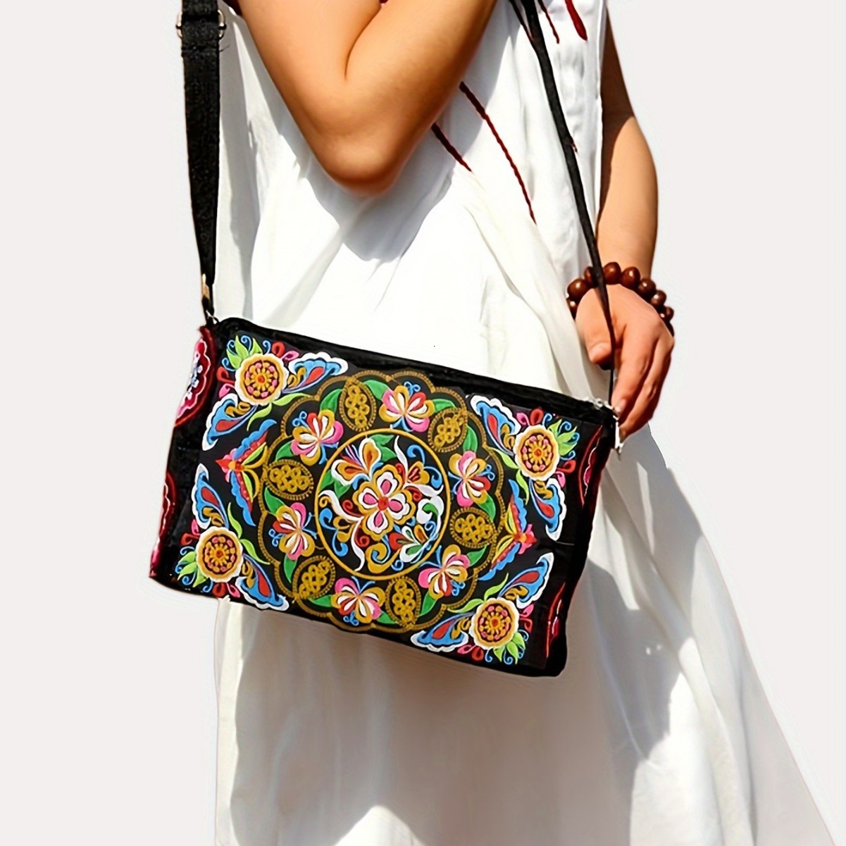 Antique style double-sided embroidery diagonal cross small crossbody women's canvas shoulder bag portable phone