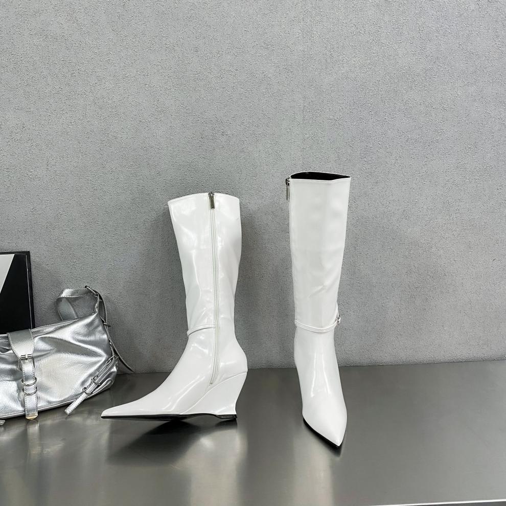 New Design Pointed Toe Zipper Women Knee-High Boots Retro Style Wedges High Heels Shoes Winter Long Booties EU35-40