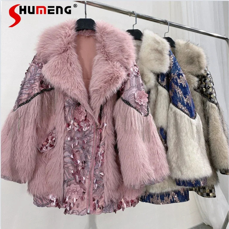 Street fashion trend Winter fur integrated sequin diamond fur coat and jacket womens sheepskin coat fashionable jacket 241202