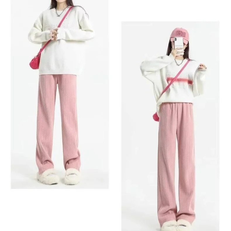 White Snow Leg Womens Spring Autumn and Winter High Waist Casual Velvet Grass Knitted Loose Pants 241202