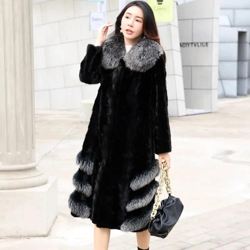 Mink coat womens premium 100% real mink coat womens winter coat real fox collar womens jacket loose fur coat 241202