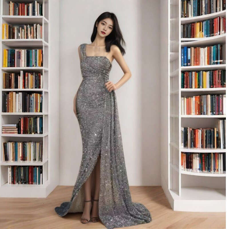 Women's Single Shoulder Sexy Heavy Industry Bead Ribbon Dance Evening Dress 2024 New Casual Versatile Fashion Clothing