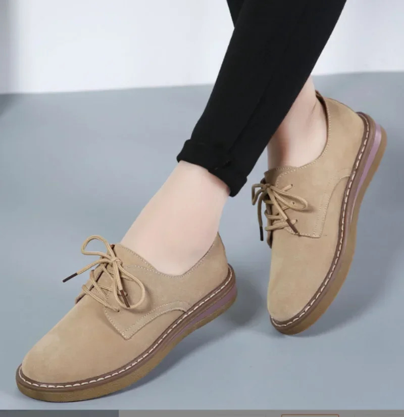 Winter 2024 womens sports shoes Oxford flat leather suede lace marine round toe Moccasins 241206